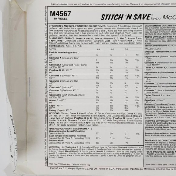 Easy Stitch'n Save Girl's Storybook Costumes Sewing Pattern Size 3-4, 5-6, 7-8 - Picture 4 of 13